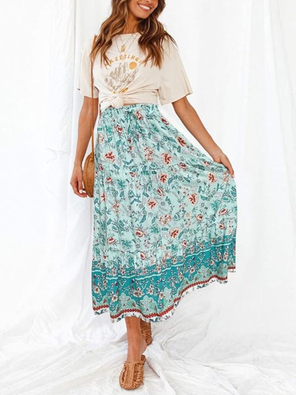 Bohemian Teal Floral Flowy Skirt